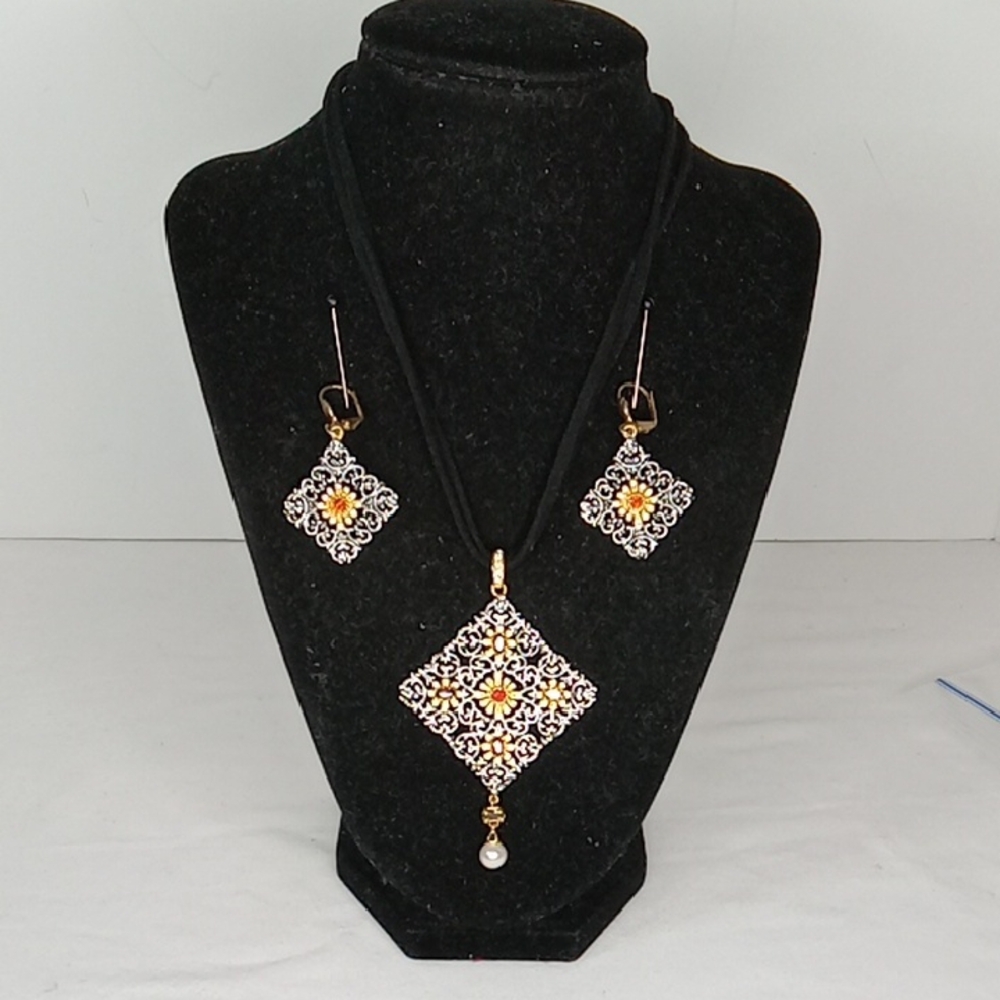 Two-Toned Filagree Flower Pendant On Cord And Matching Earrings Set